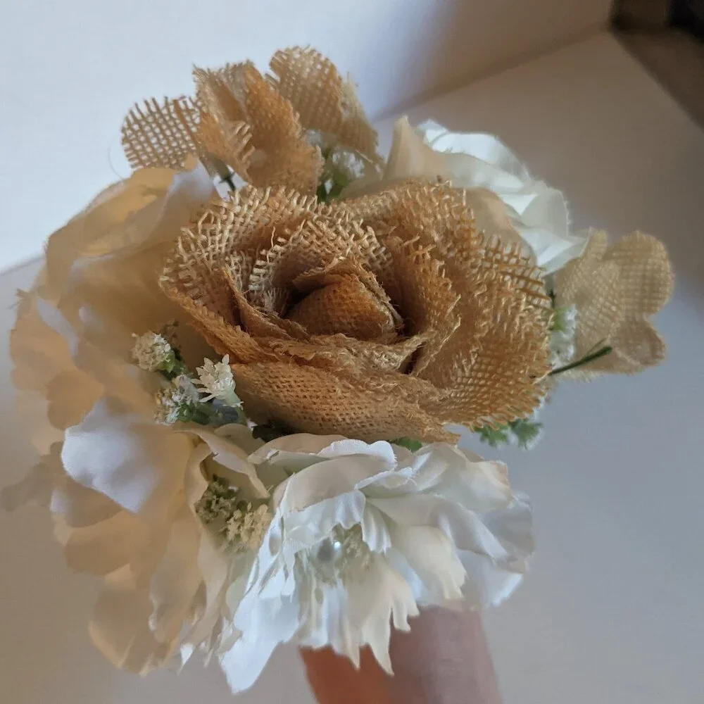 NWT Rustic Farmhouse Faux Floral Burlap Bouquet Mother's Day Gift Wedding Decor